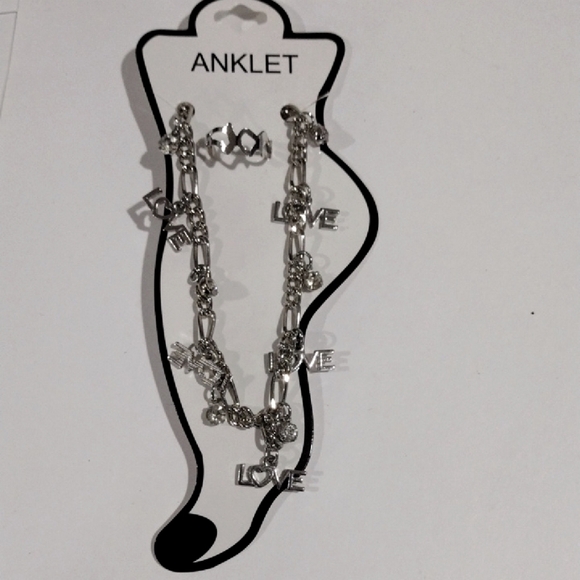 Silver-Tone Love word Anklet with Matching Toe Ring – Boho Festival Jewelry Set - Picture 4 of 8
